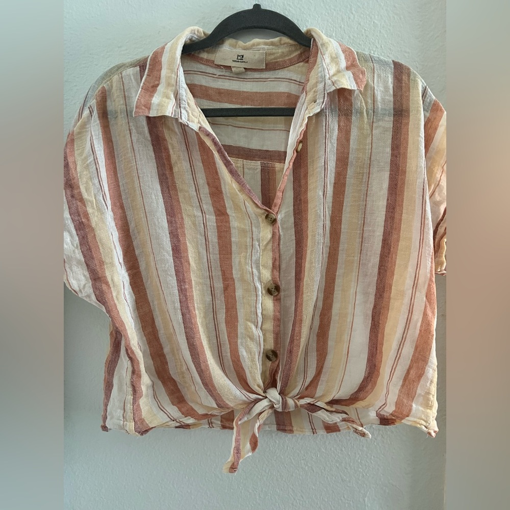 Stripped Linen orange/red/yellow tie up button shirt